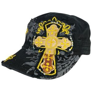 Leader of Generation Apparel Black Distressed Women's Cap With Gold Bling Cross